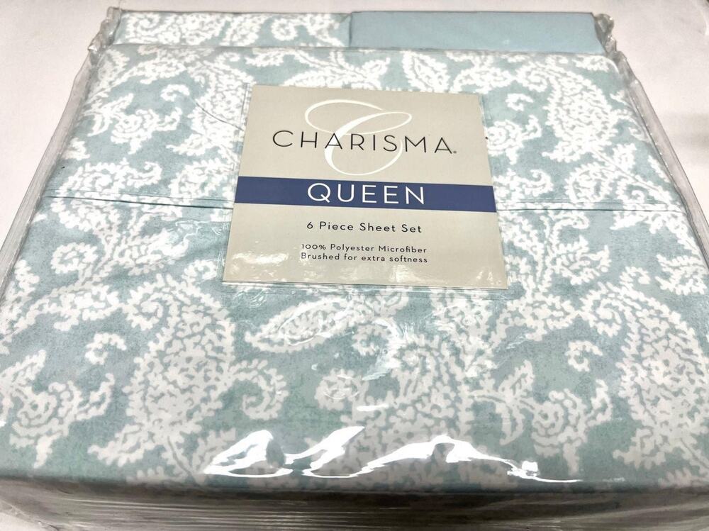 Charisma Queen 6 Piece UNBOXED Sheet Set Aqua Blue White  Bed Sheets Paisley NEW